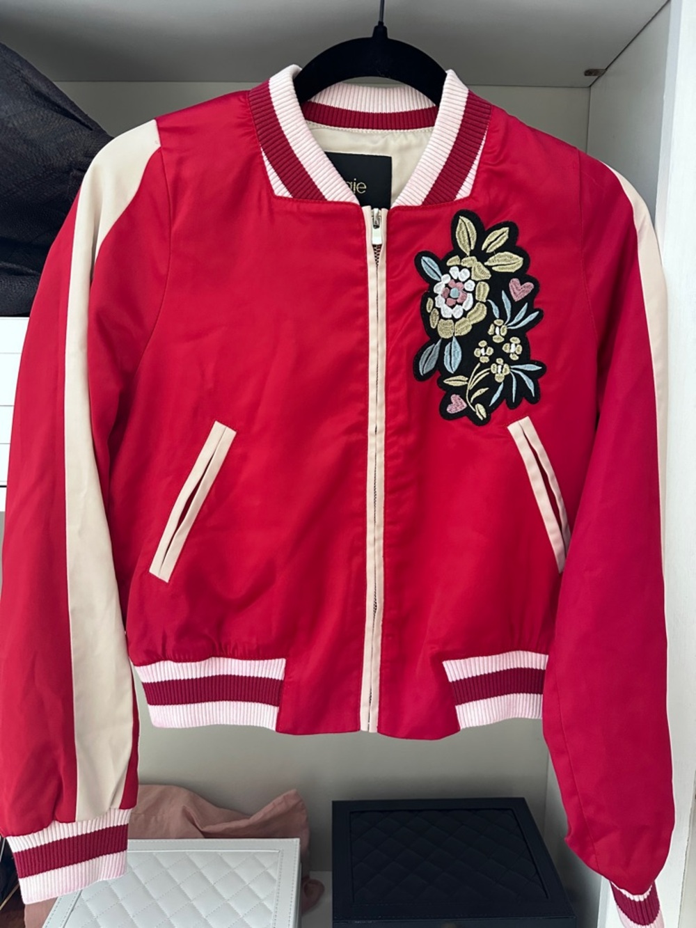 Rose Embroidered Bomber Jacket Red Women's Size Small